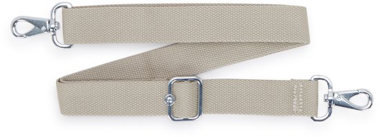 Beige stoffen schouderband voor een Kipling tas, met metalen gespen.
