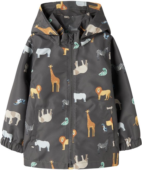 Veste gris foncé à capuche, entièrement recouverte d'un imprimé animal joyeux, incluant zèbres, lions et girafes.