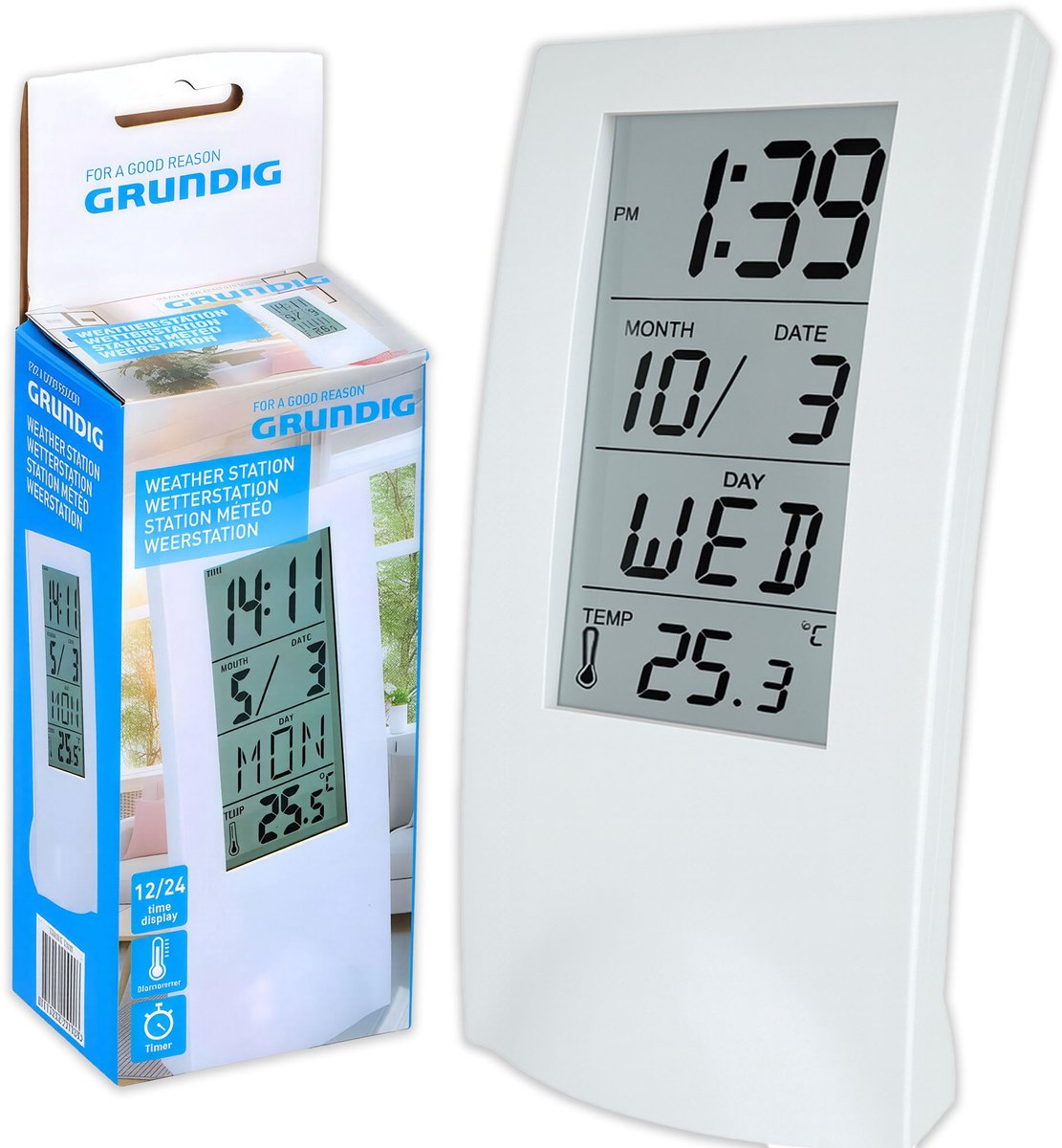 Grundig Weerstation - Weergave Tijd Datum en Temperatuur - met Wekker en Timer - Wit