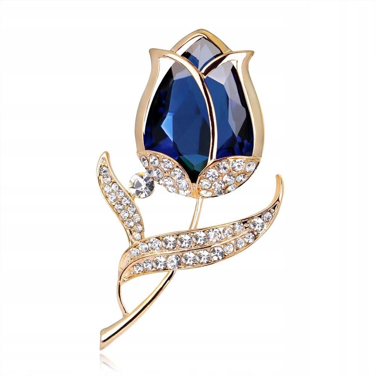 PINETS Flower - Broche - Roosvorm - Donkerblauw & Goud - Met Zirkonia's