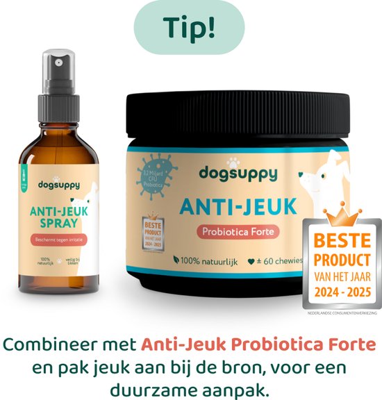 Tip: combineer DogSuppy Anti-Jeuk Spray met Anti-Jeuk Probiotica Forte voor een duurzame aanpak. Beste product 2024-2025.