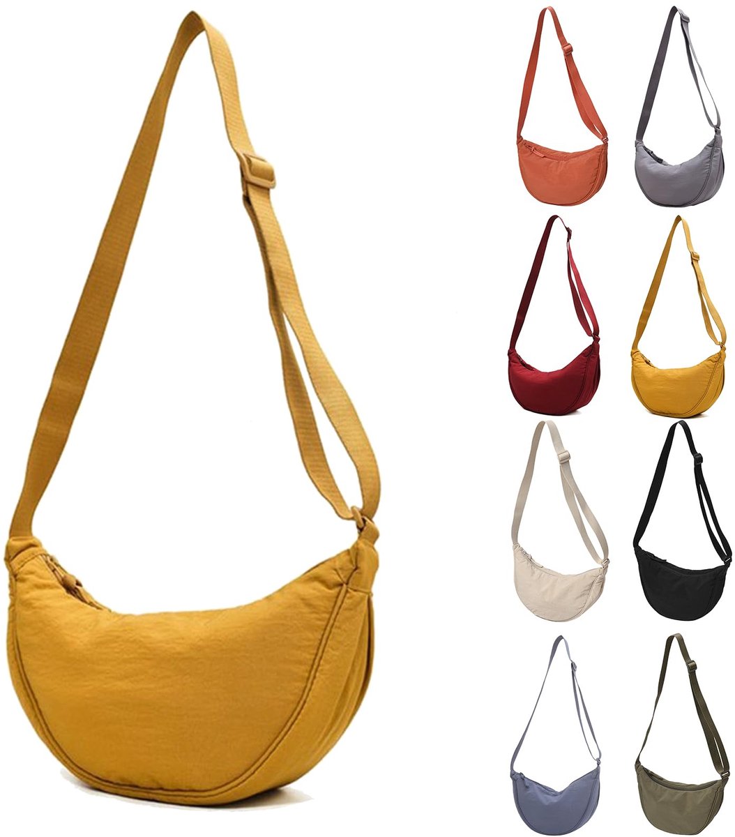 Kraftverdia - Dames halvemaan crossbody tas – Halvemaan tas met afneembare verstelbare schouderriem – Nylon dumpling schoudertas voor reizen en uitgaan - Geel