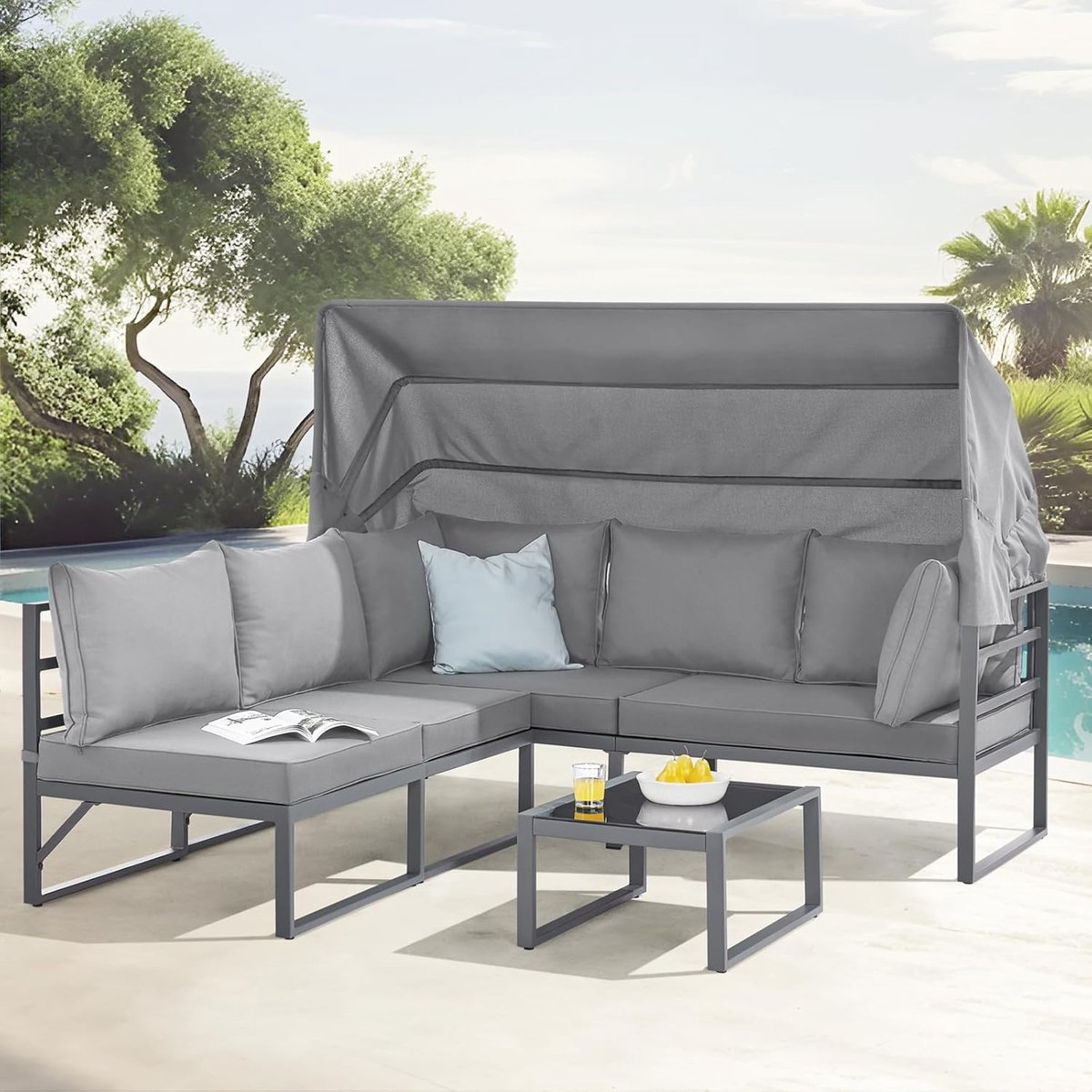 Luxe Modulaire Zonne-Eiland Loungeset met Dak 200x136x159 cm – 3-zits Outdoor Sofa & Ligbed in Lichtgrijs