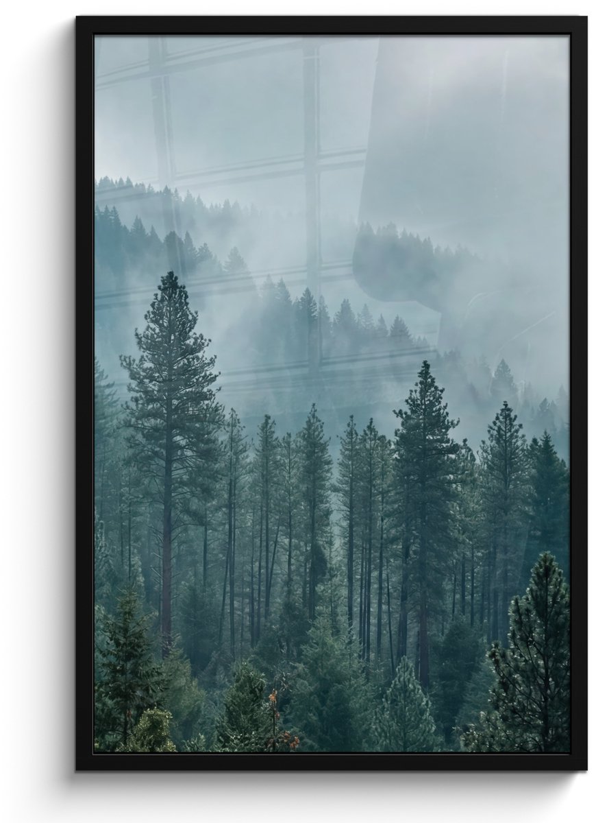 FrameYourWall Poster in lijst - Fotolijst 60x90 cm - Posters - Naaldwoud - Bergen - Mist - Posterlijst zwart - Decoratie - Wanddecoratie woonkamer - Muurdecoratie slaapkamer