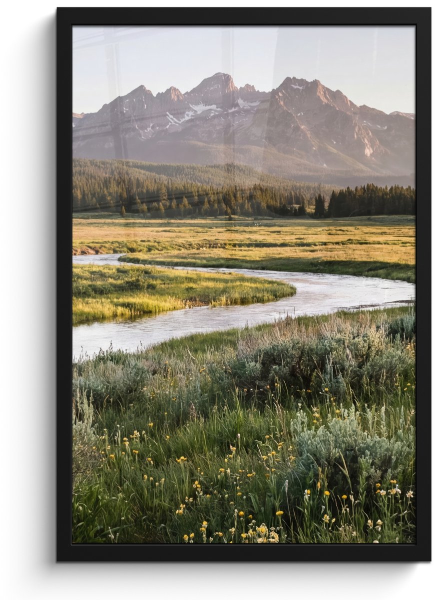FrameYourWall Poster in lijst - Fotolijst 40x60 cm - Posters - Berglandschap - Rivier - Bos - Posterlijst zwart - Decoratie - Wanddecoratie woonkamer - Muurdecoratie slaapkamer