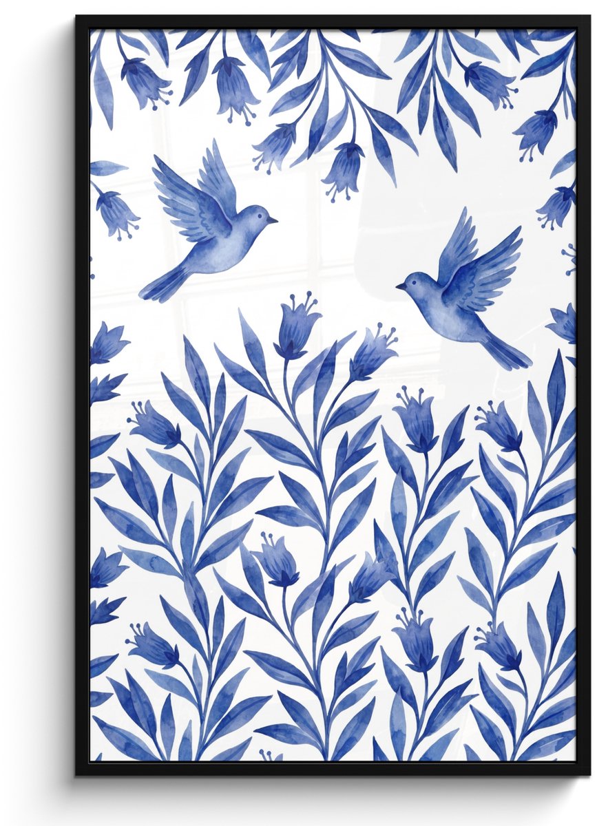 FrameYourWall Poster in lijst - Fotolijst 80x120 cm - Posters - Modern - Vogels - Delfts - Blauw - Posterlijst zwart - Decoratie - Wanddecoratie woonkamer - Muurdecoratie slaapkamer