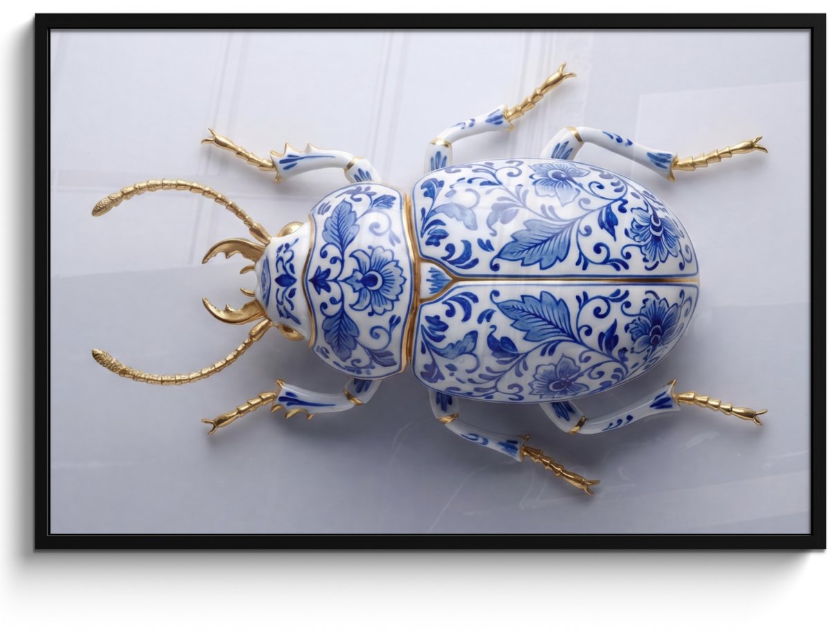 FrameYourWall Poster in lijst - Fotolijst 120x80 cm - Posters - Kever - Delfts - Blauw - Goud - Posterlijst zwart - Decoratie - Wanddecoratie woonkamer - Muurdecoratie slaapkamer