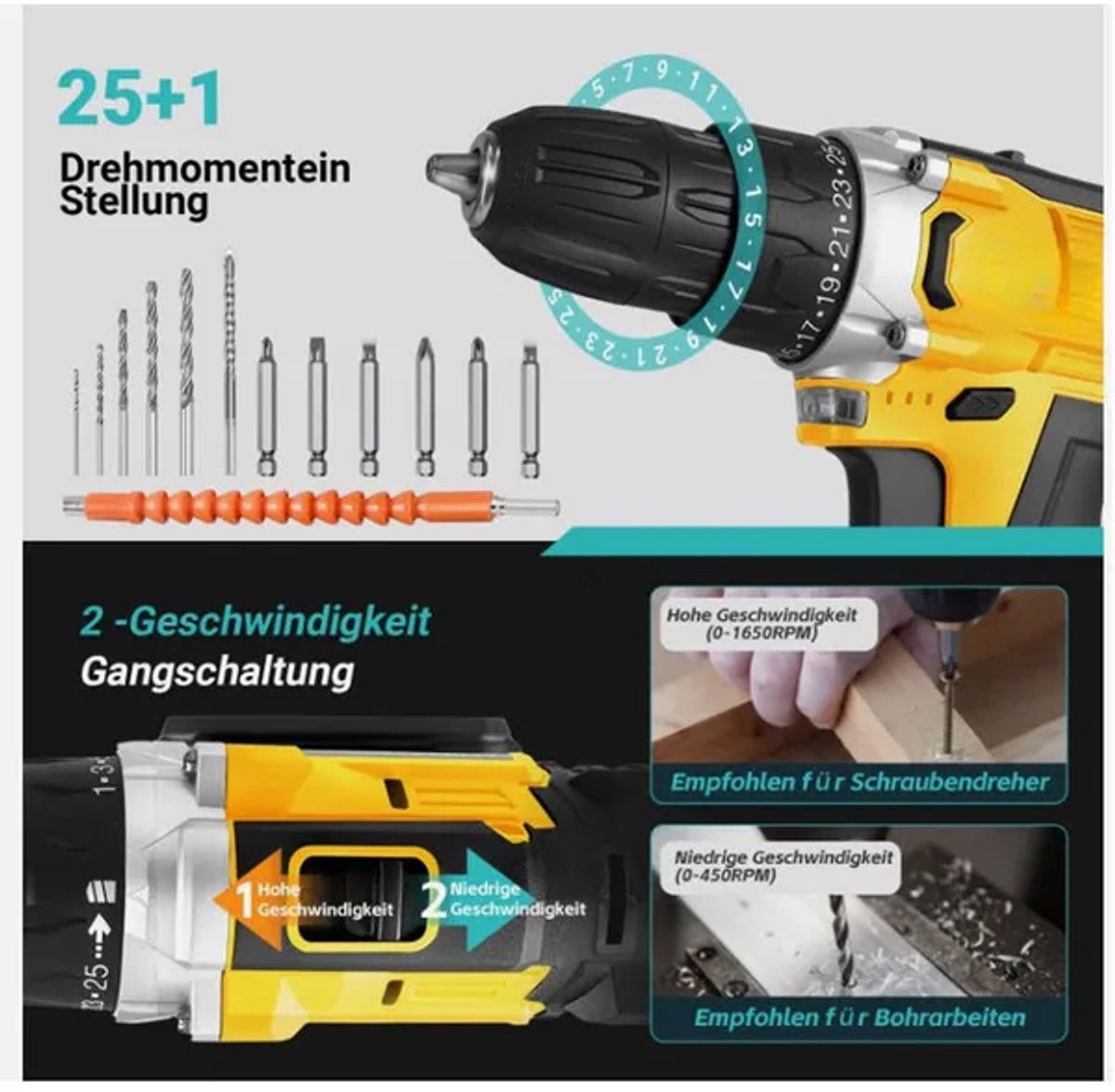 21V Accu Klopboormachine – Schroefboormachine – Boormachine Accu – Accu Schroevendraaier – 120Nm – Borstelloze Motor – 2 x 2.5Ah Lithium-Ion Accu’s – 2 Snelheden – 15 Standen – Incl. Accessoireset – Voor Hout, Steen en Metaal – foto 3