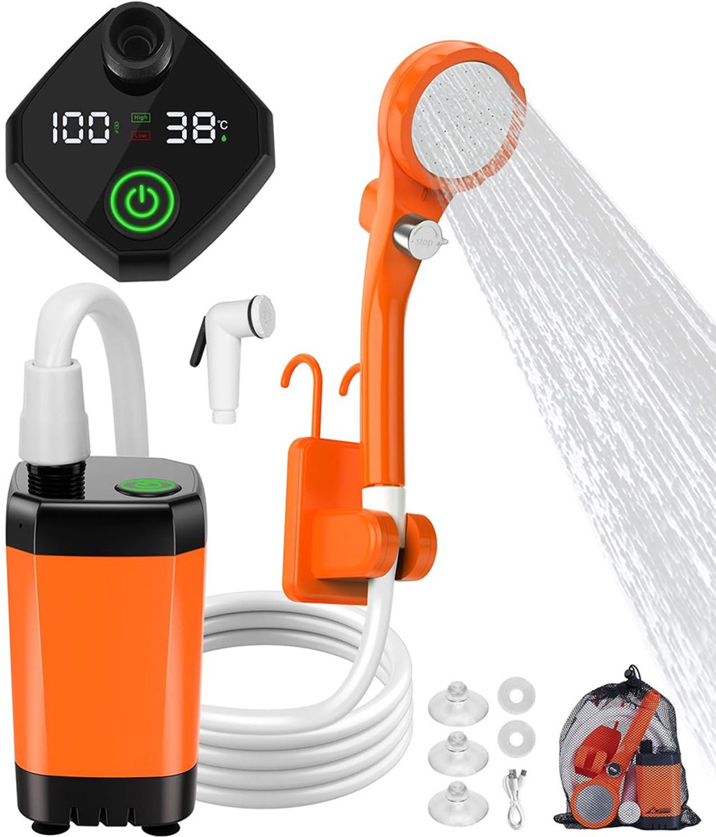 Draagbare Kampeer Douche - 6000Mah Oplaadbare Douche - met Slim LED-Display - 3 Waterstraalmodi - Waterdichte Outdoor Douchepomp - Camping Douche - Buitendouche - Tuindouche - Draagbare Douche - Mobiele Douche - Oranje