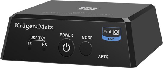 Zwarte Krüger&Matz Bluetooth ontvanger/zender met knoppen voor power en mode, en aptX CSR logo's.