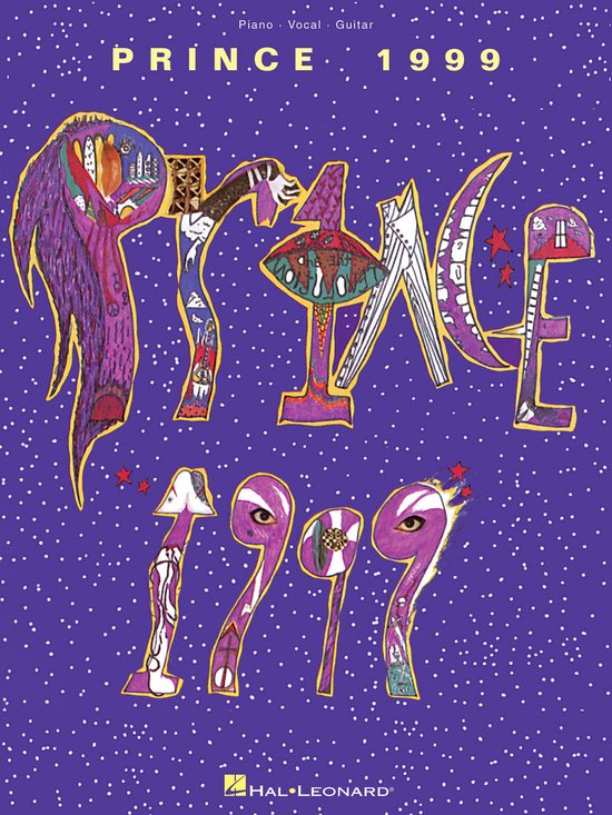 Albumhoes Prince "1999" met paarse achtergrond en stippen, met de titel in kleurrijke, fantasierijke letters.