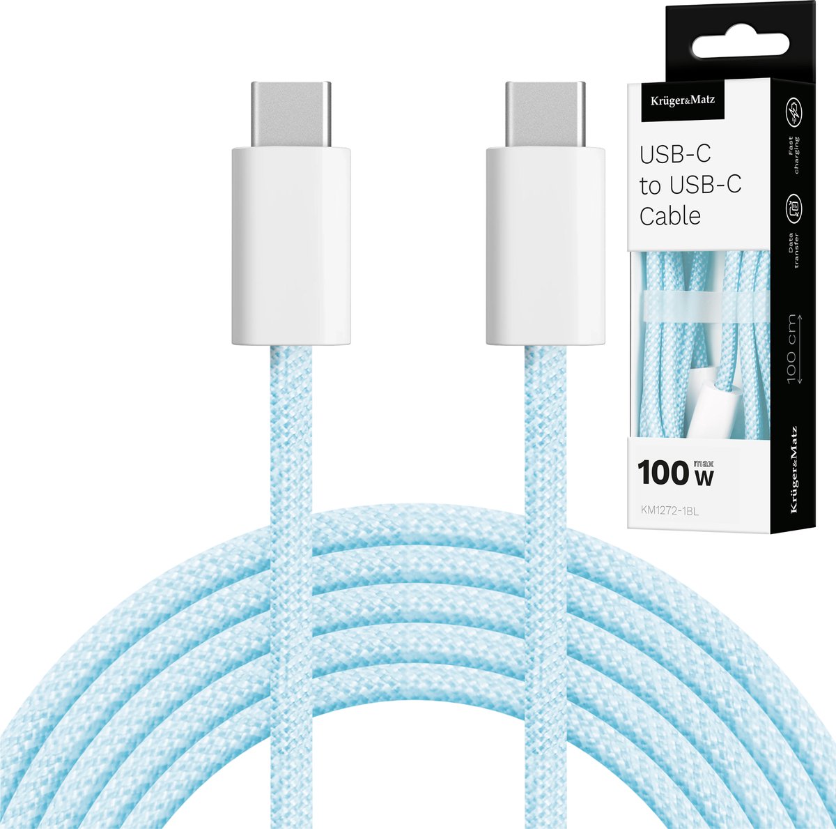 Krüger&Matz KM 1272 - USB-C Kabel - 100W - Nylonomvlochten - 1m
