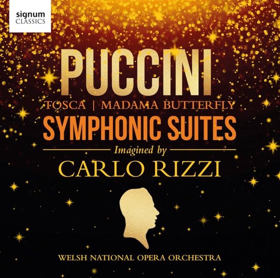 Albumhoes met gouden glitter en sterren, tekst "Puccini Tosca Madama Butterfly Symphonic Suites Imagined by Carlo Rizzi Welsh National Opera Orchestra"