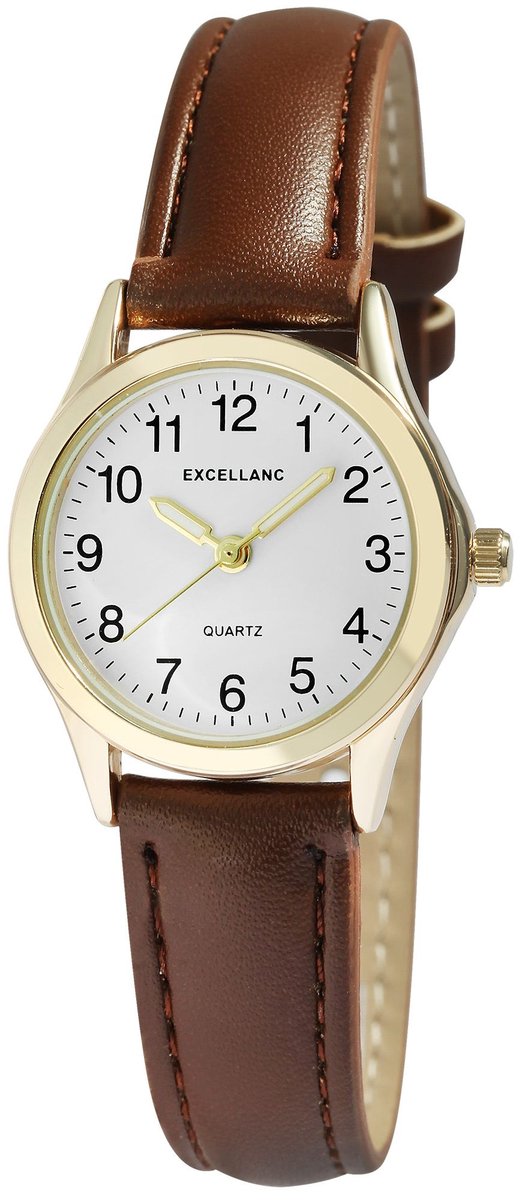 Excellanc-dameshorloge-model 1900264-002-goudkleurig-duidelijke wijzerplaat -diameter 25 mm-bruine band-3 atm waterdicht