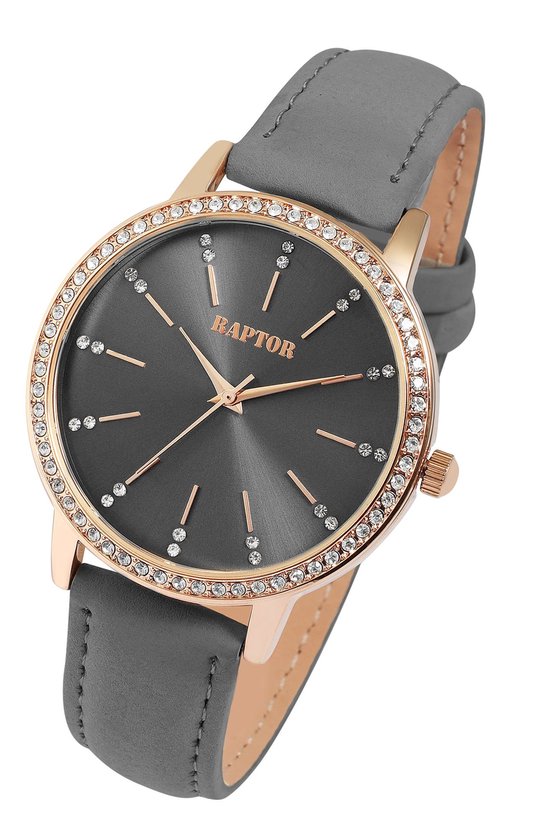 Raptor horloge met grijze leren band, goudkleurige kast met steentjes en donkergrijze wijzerplaat.