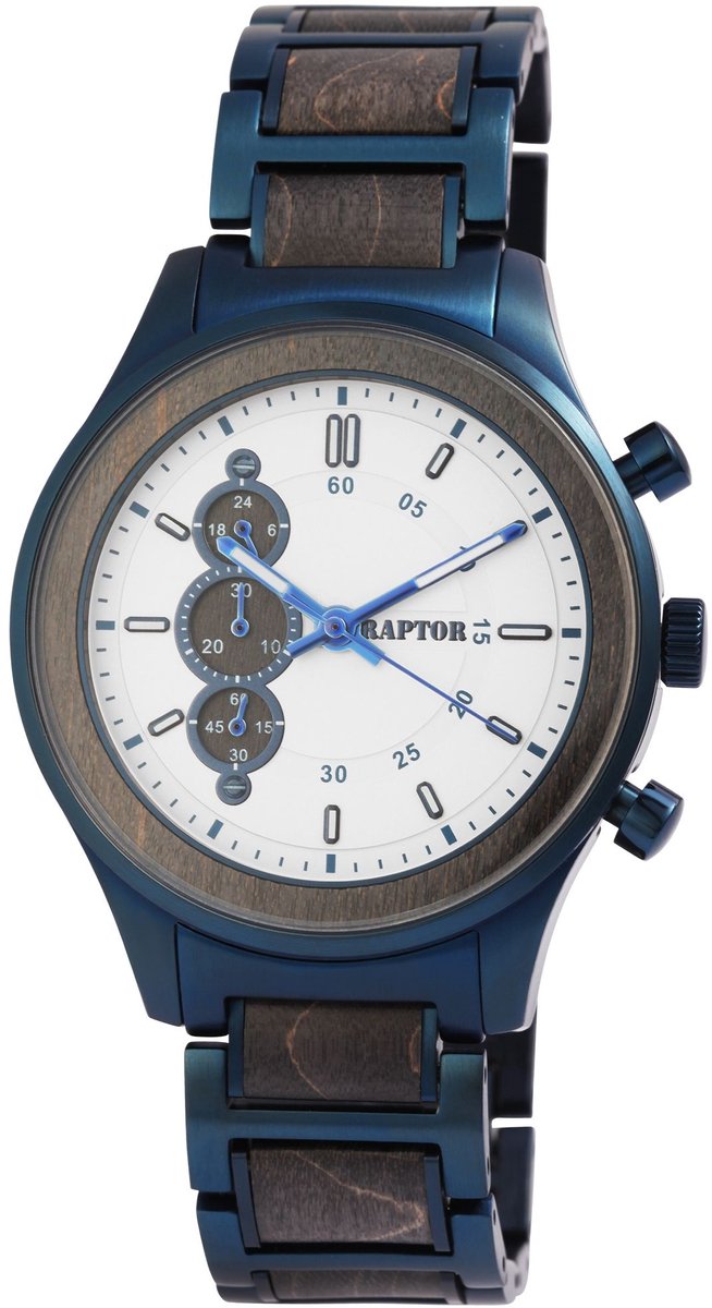 Raptor Herenhorloge roestvrij staal-koa acacia Hoock Raptor herenhorloge "Hoock" van roestvrij staal met hout, 24 uursaanduiding.