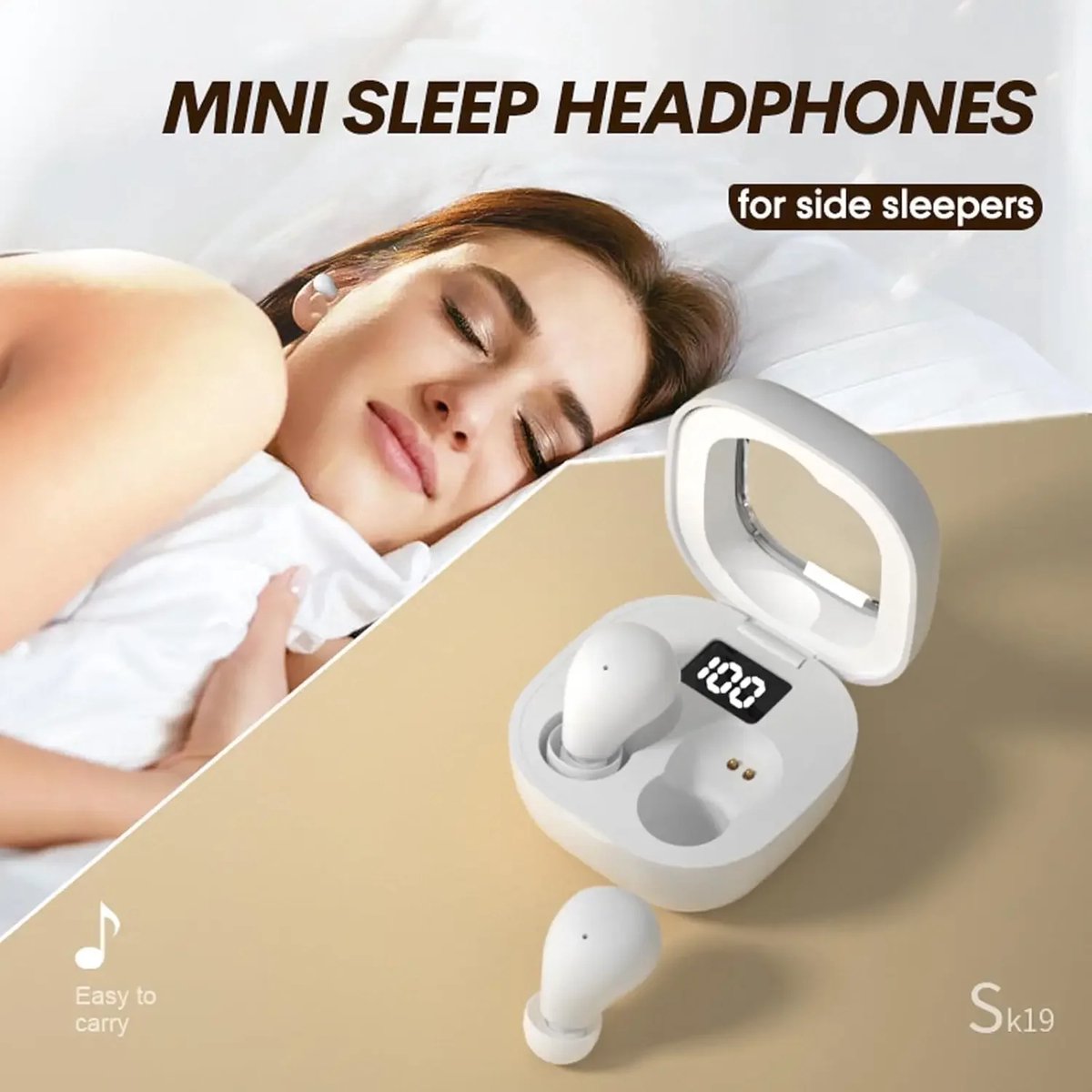 Draadloze Slaapoordopjes voor Zijslapers – Noise Blocking Earbuds – Klein Ontwerp – 6 Uur Speeltijd met 120 Uur Oplaadcase – IPX7 Waterdicht – Bluetooth 5.3 – Slaap Oordopjes – lichtbeige