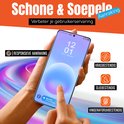 Hand die telefoon vasthoudt, de tekst "Schone & Soepele Aanraking" en "Krasbestendig, Oliebestendig, Vingerafdrukbestendig".