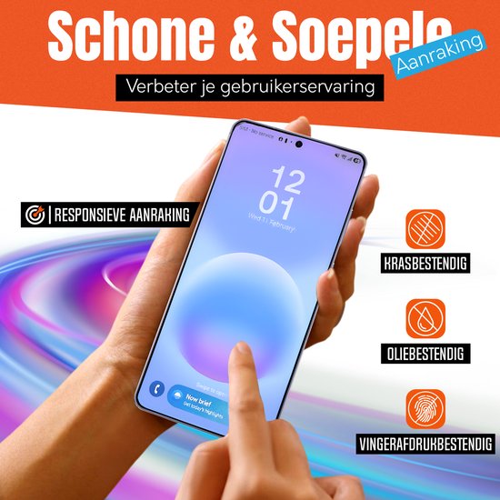 Hand die telefoon vasthoudt, de tekst "Schone & Soepele Aanraking" en "Krasbestendig, Oliebestendig, Vingerafdrukbestendig".
