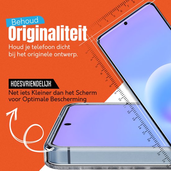 Telefoon met screenprotector en meetlat, de tekst "Behoud Originaliteit" en "Hoesvriendelijk".