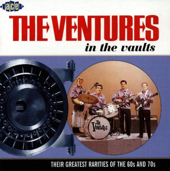 Albumhoes van "The Ventures in the vaults" met een afbeelding van een kluisdeur en de bandleden.