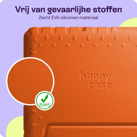 Oranje HappyCase tablethoes van zacht EVA siliconen materiaal, vrij van gevaarlijke stoffen. RoHS-gecertificeerd.