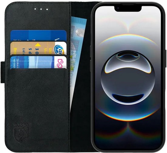 Étui en Cuir véritable Rosso Deluxe adapté à Apple iPhone 16e | Espace pour trois cartes | Étui portefeuille | Avec porte-cartes | Noir
