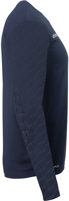 Donkerblauw Uhlsport keepersshirt, zijaanzicht, met patronen op de mouwen en ellebogen.