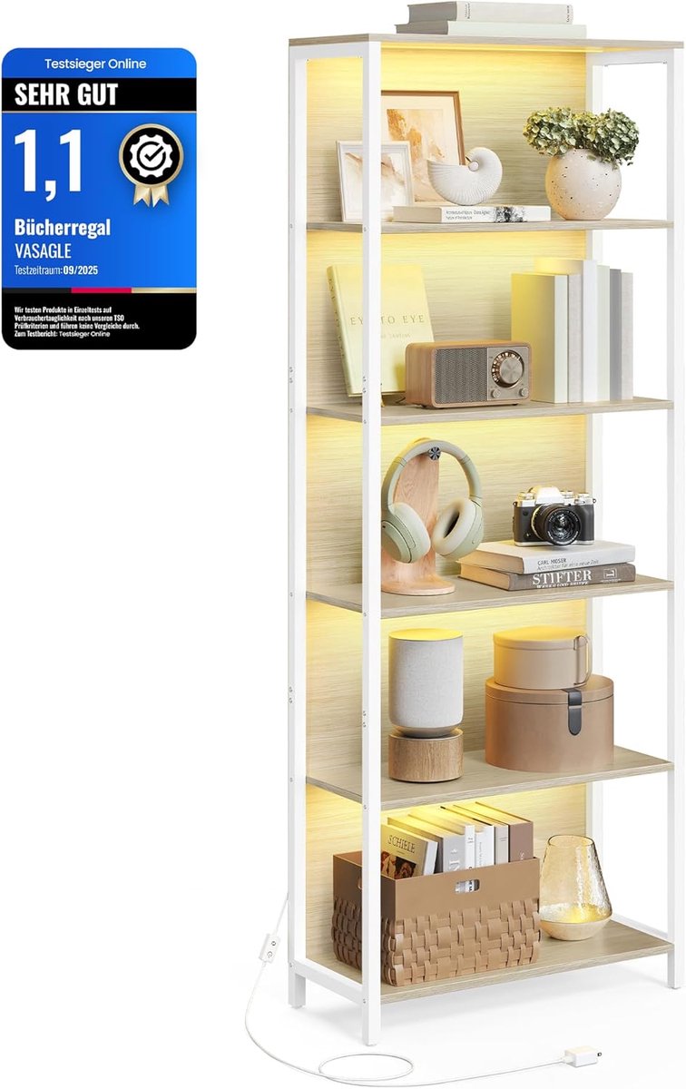 Furnstar Boekenkast met LED Verlichting – 6 Niveaus – Staand Opbergrek met Stalen Frame – Verstelbare LED Verlichting – 30,3 x 60 x 178,6 cm – Natuurlijk Beige – LLS120LL01