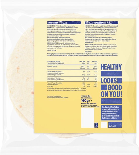 Verpakking met 4 WeCare Natural Tortillas, 80% minder koolhydraten. Lactosevrij.