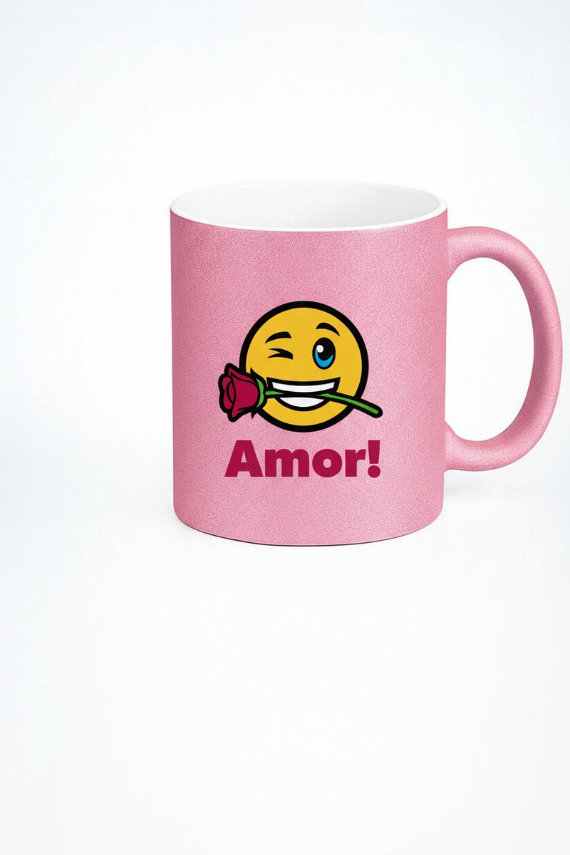 Amor! Roze Glitter Mok met Winkende Emoji en Roos - Romantisch Liefdes Cadeau