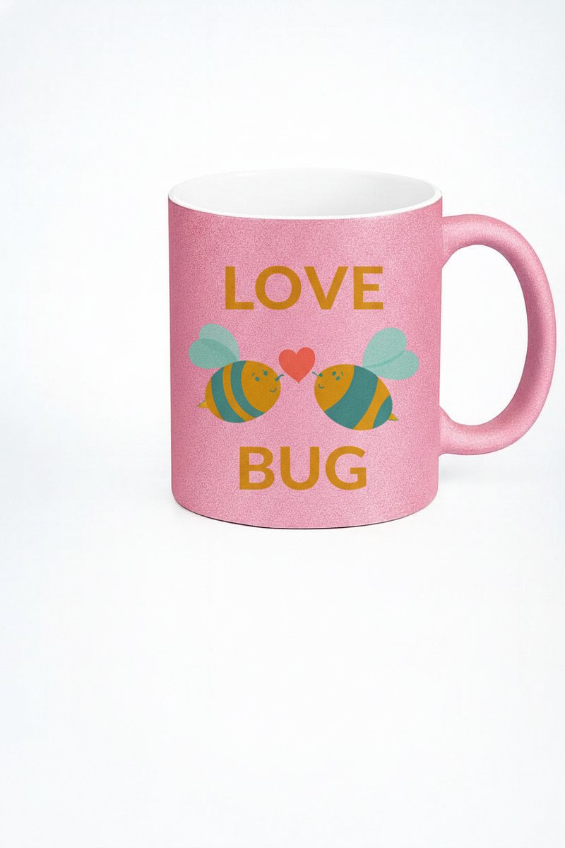 Roze Glitter Love Bug Mok met Lieve Bijen en Hart - Valentijnscadeau