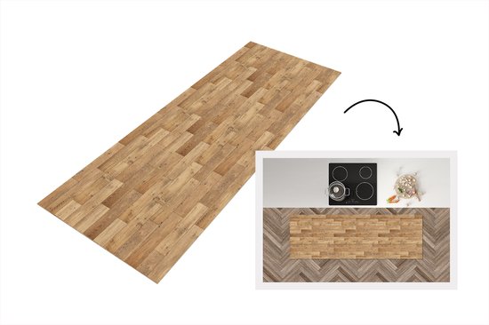 Tapis de cuisine avec imprimé parquet et démonstration de son placement dans une cuisine.