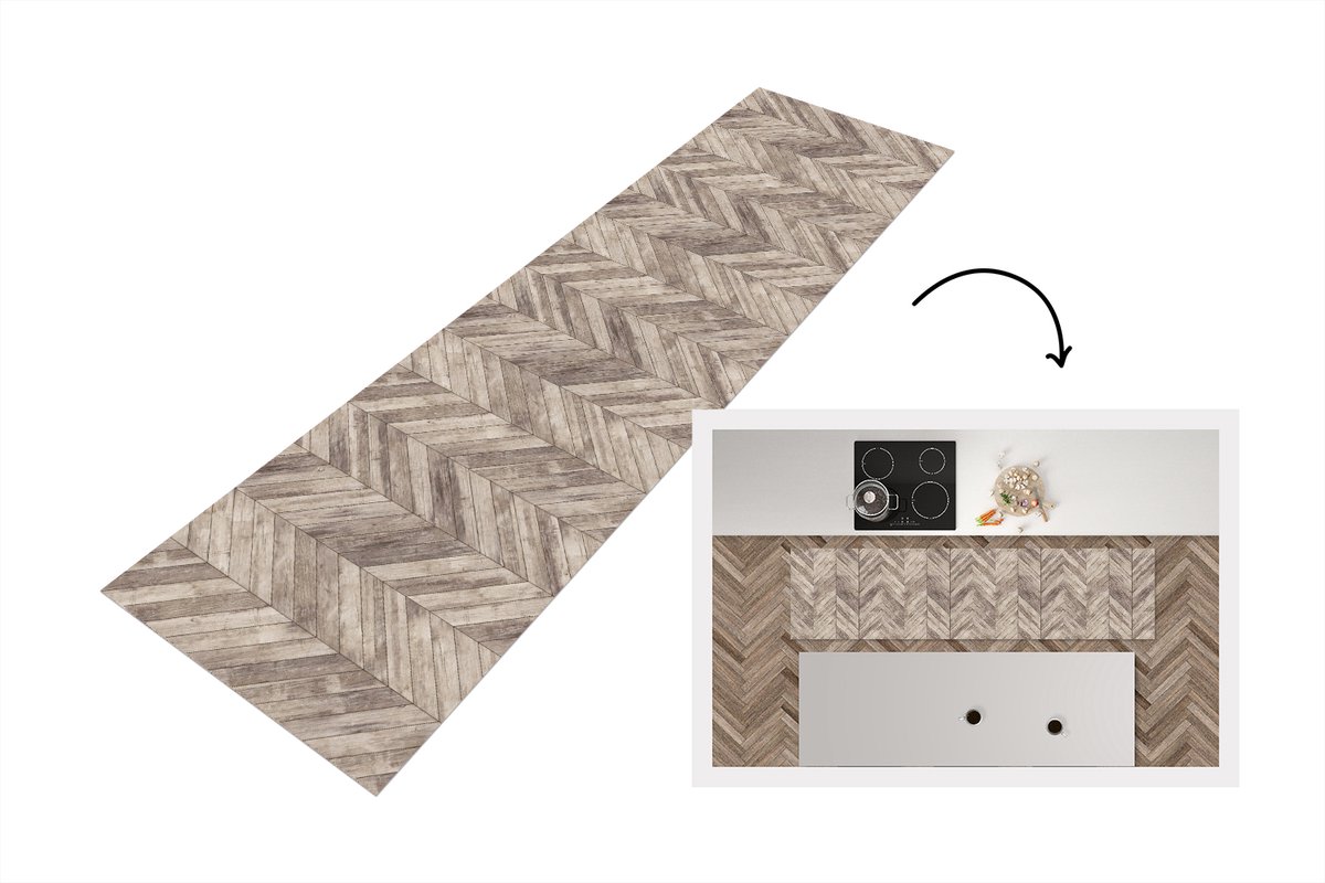 KitchenYeah Keukenloper 240x60 cm - Keukenmat vinyl Plank - Patronen - Brocante - Keukenmatten loper - Keuken vloerkleed tapijt Visgraat