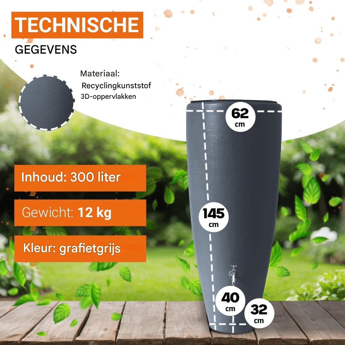 Garantia 2in1 waterreservoir 300 liter grafietgrijs incl. plantschaal