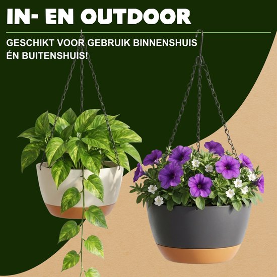 Pot suspendu avec drainage - Zwart - Ø 24 cm x H 15 cm - Convient également comme pot de fleurs - Pour l'intérieur et l'extérieur - Réservoir d'eau