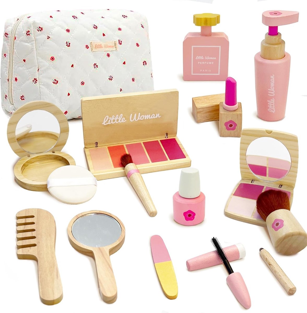 Houten Make-up Set voor Kinderen - 16-Delige Beauty Speelset met Make-up Tas - Educatief Rollenspel - Duurzaam Hout - Cadeau Meisje 3, 4, 5, 6 Jaar