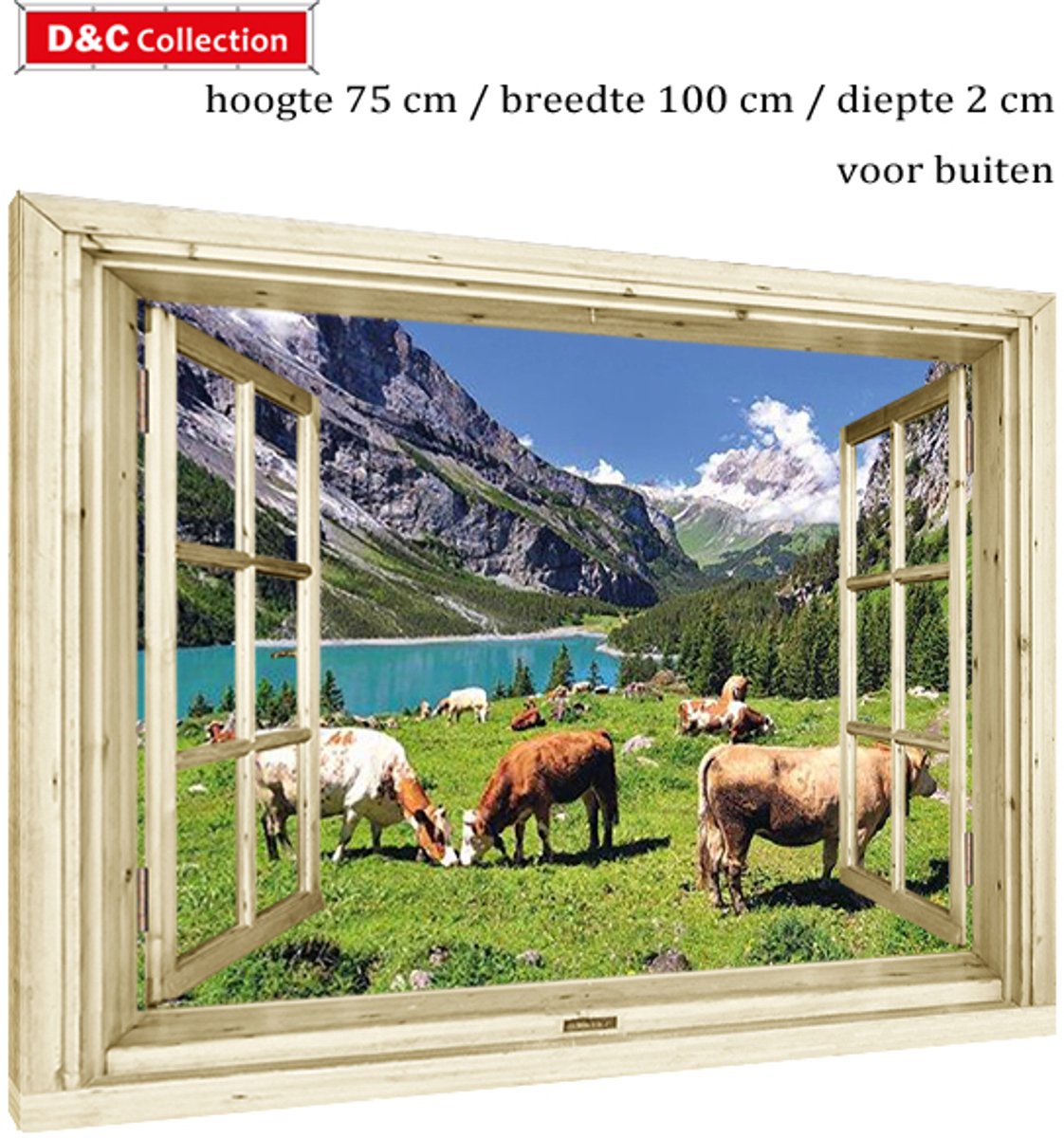 D&C Collection Tuinposter doorkijk koeien op houten frame - 100x75x2 cm - doorkijk nostalgisch venster - bergwei met koeien - uitzicht op berglandschap - buiten poster - tuindoek groen, wit, blauw