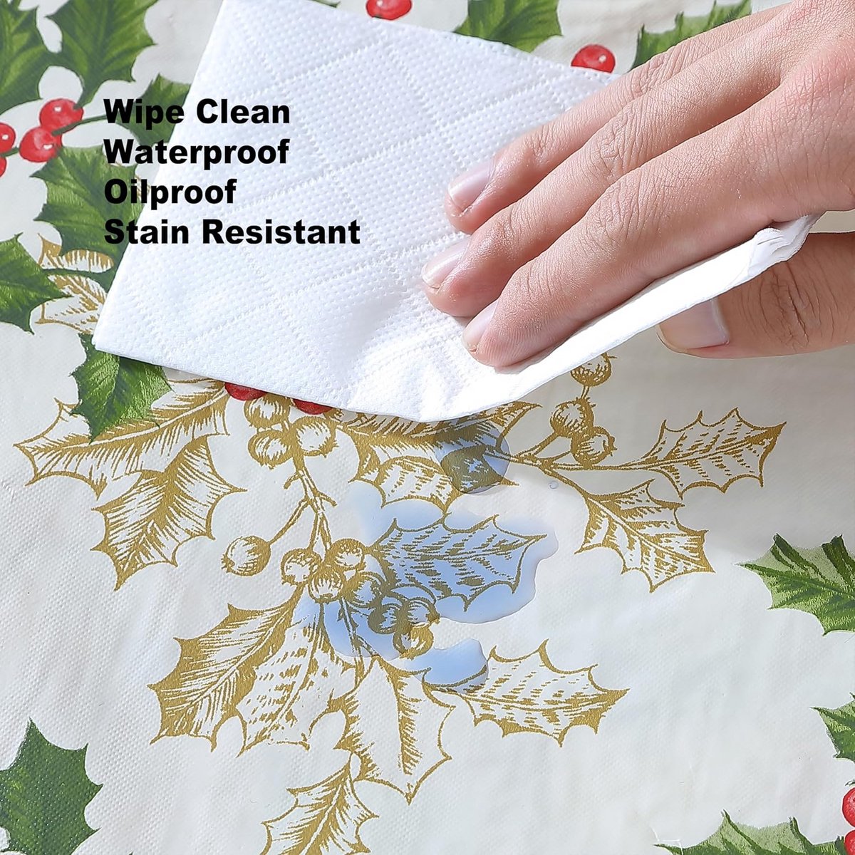Feestelijk Gouden Hulst en Bessen Tafelkleed - Vinyl Flanel Rug voor Kerst