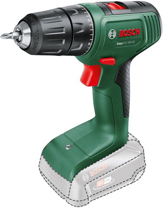 Bosch EasyDrill 18V-40 accuboormachine in donkergroen en zwart met rode accenten.