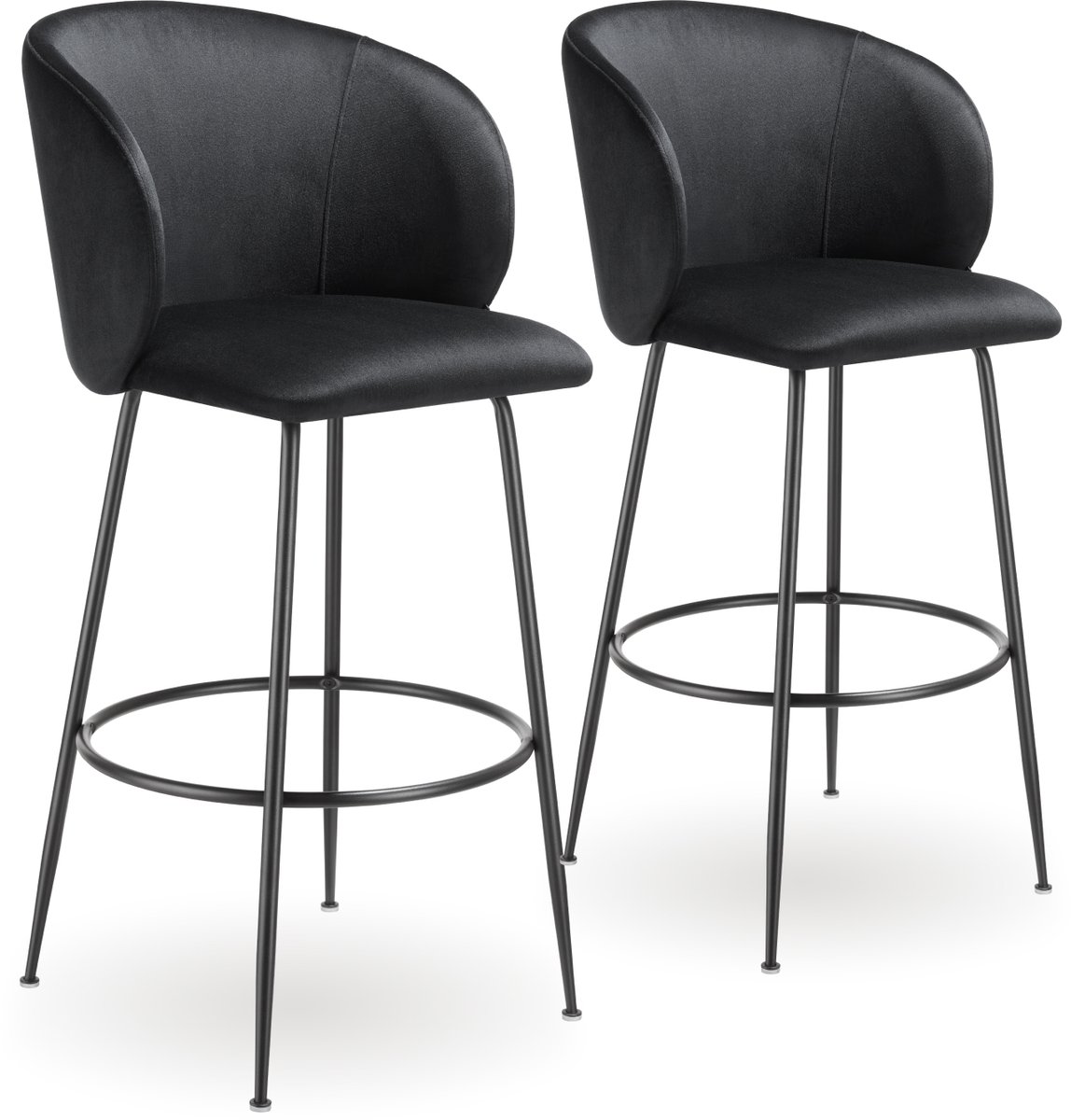 Tectake Set van 2 Barkrukken Luana - Gestoffeerde Barkruk met rugleuning - Barstoelen - Barstoel met voetensteun - Eetkamerstoel met fluwelen bekleding - Stevige stalen poten met antislip vloerbescherming - Zwart/zwart