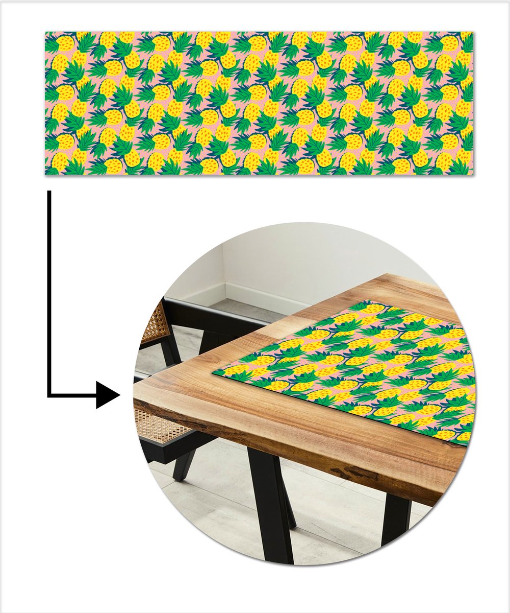 Tafelloper 150x50 cm - Tafelmat vinyl Ananas - Geel - Groen - Tropisch - Tafeldecoratie - Tafelversiering - Keuken decoratie - Tafel versiering
