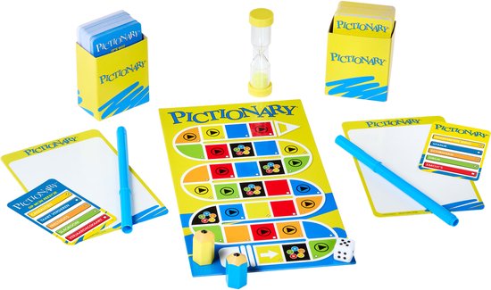 Pictionary spel met spelbord, zandloper, stiften en kaarten.