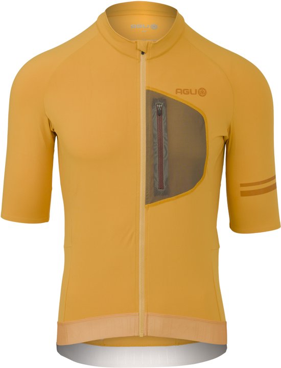 AGU herenfietsshirt met korte mouwen in paprikamuisoranje, met rits over de gehele lengte en een mesh-vak op de borst.