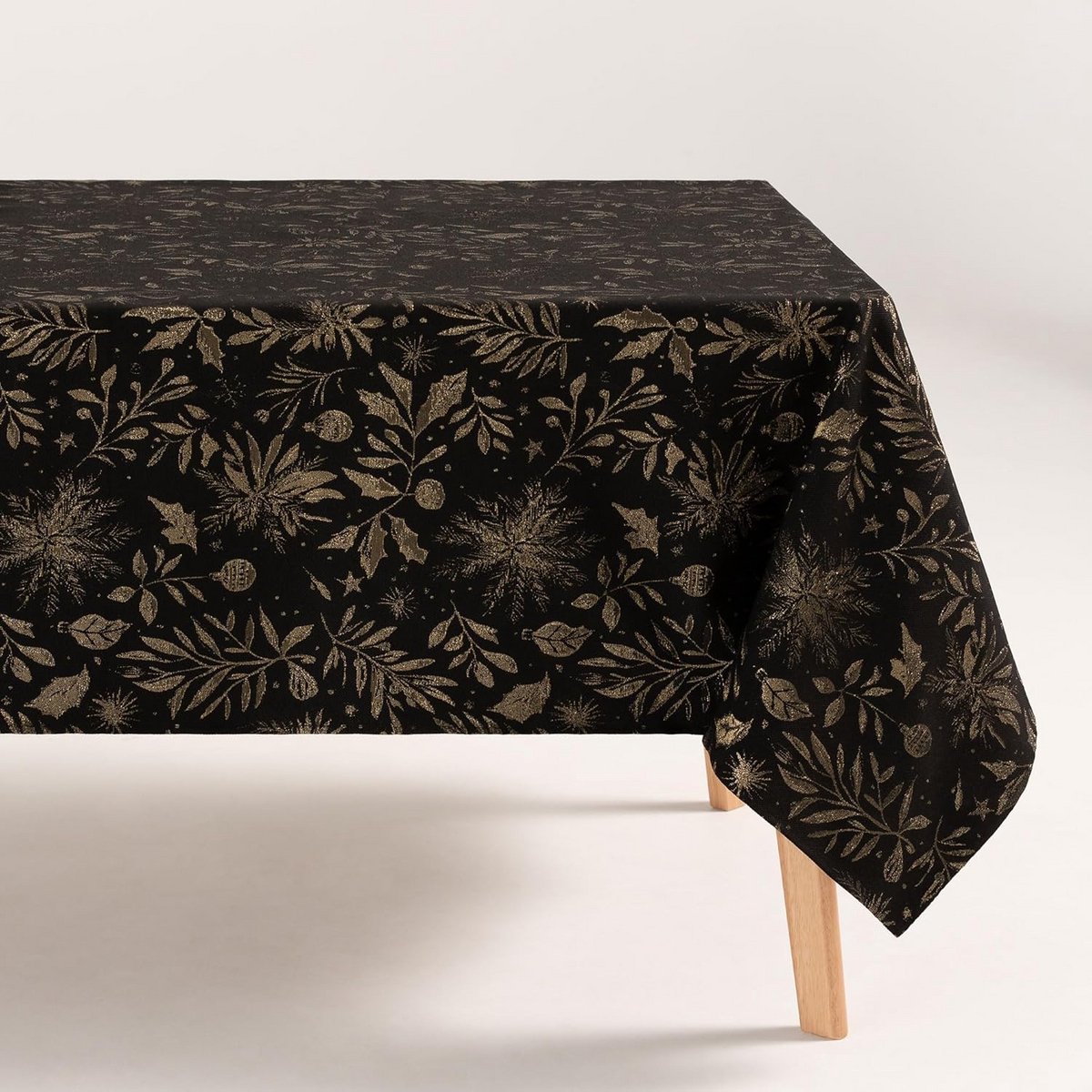 Luxe Kerst Tafelkleed Vierkant Jacquard Bloemen Goud Draad Zwart 140x140 cm