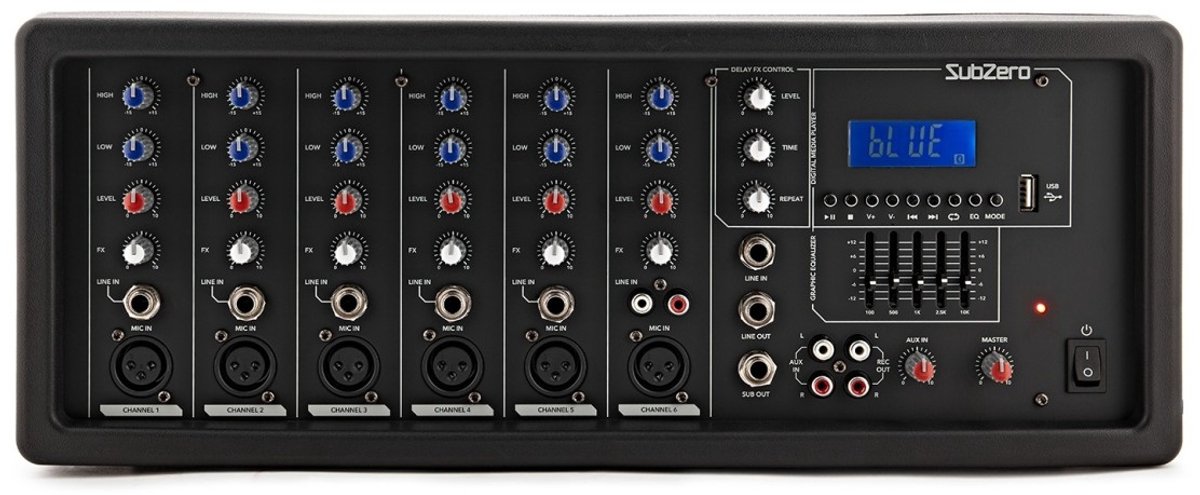 SubZero SZ-PMIX6-MP3 6-Kanaals Actieve Mixer, Digitale Mediaspeler