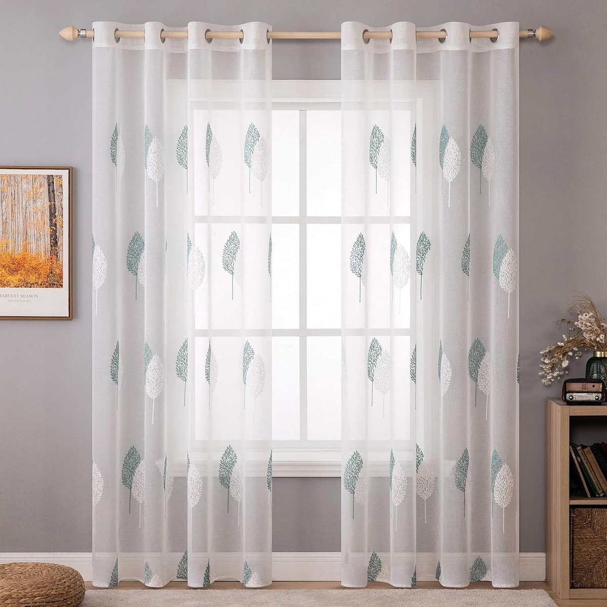 Transparante Sheer Voile Gordijnen met Geborduurde Bladeren en Ringsluitingen - Set van 2