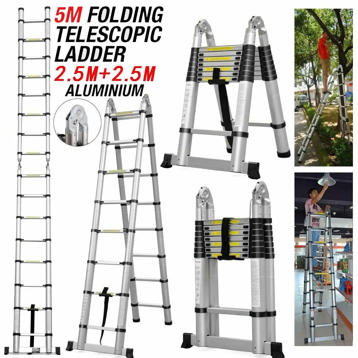 Norvia Telescopische Ladder - 5 meter - Telescoop ladder - Opvouwbare trapladder - Aluminium - Draagbaar - Max. Belasting 150kg – foto 2