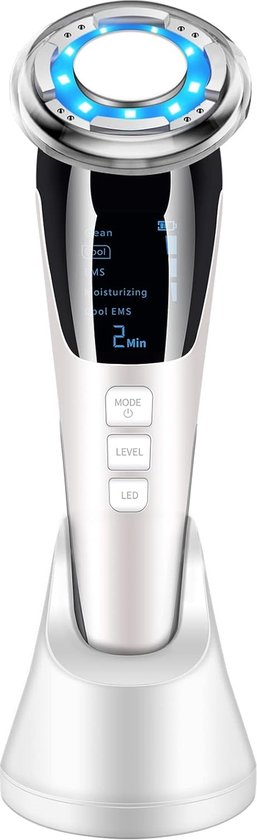 Ultrasoon Gezichtsapparaat 5-in-1 – Elektrische Gezichtslift met RF, EMS & LED-Therapie, Anti-Rimpel en Huidverstevigend Massageapparaat met Warm & Koud Behandeling