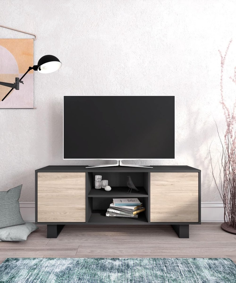 TV-meubel – Urbanhome Wind Oak Lowboard – 140 cm – Antracietgrijs met Eiken Deuren – Televisiekast met 2 Deuren en Opbergruimte – Modern Design voor Woonkamer
